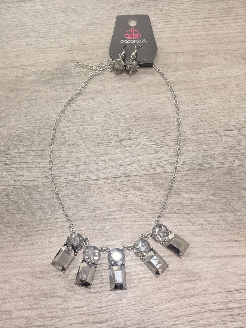paparazzi Silver Faceted Crystal Bib Necklace with Earrings